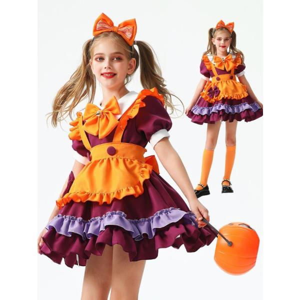 子供ハロウィン衣装 メイド服 5点セット 子供メイド コウモリ 吸血鬼変身 制服 かぼちゃ パンプキ...