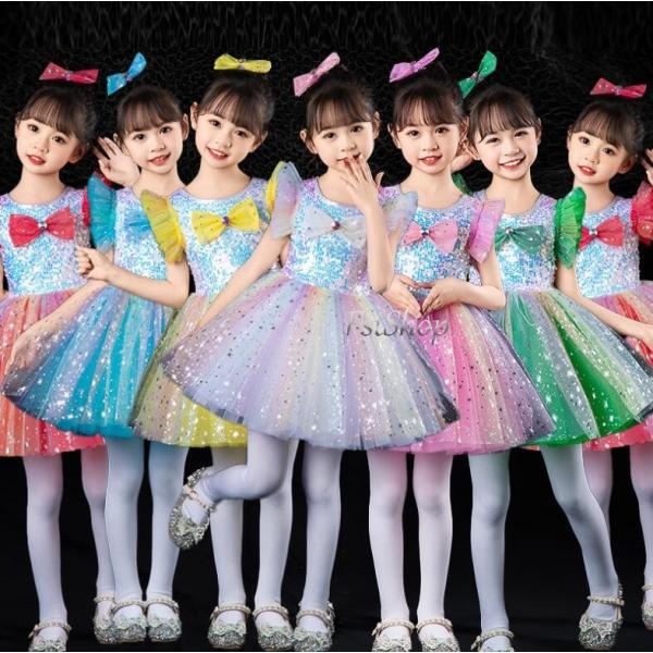 ダンス衣装キッズ子供用フォーマルドレス ステージ衣装パーティードレス女の子  チュールドレス 演奏衣...