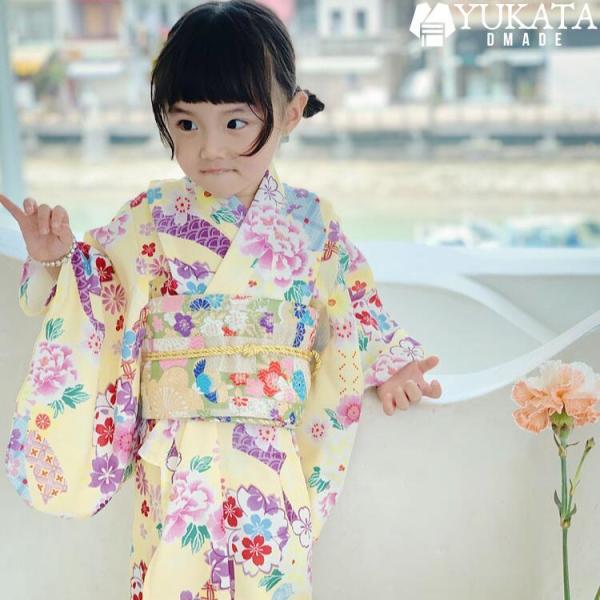 浴衣 キッズ 花柄 イエロー  夏祭り 花火大会 女の子 浴衣セット yukata ピンク パープル...