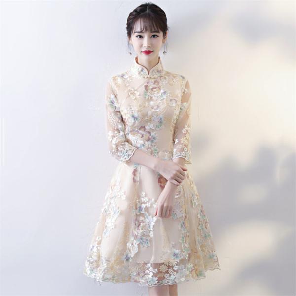 中華風 ワンピース チャイナドレス 春夏秋 膝丈 刺繍柄 レース レディース ワンピース 半袖 エレ...