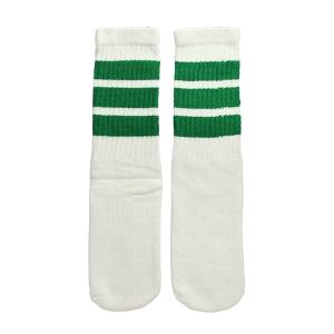 SkaterSocks キッズ 子供 ロングソックス 靴下 ソックス スケボー Kids White tube socks with Green stripes style 1 (14インチ)｜his-hero-is-black