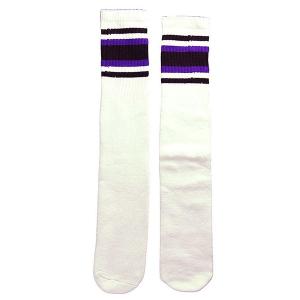 SkaterSocks (スケーターソックス) ロングソックス 靴下 Knee high White tube socks with Black-Purple stripes style 4 (22インチ)｜his-hero-is-black