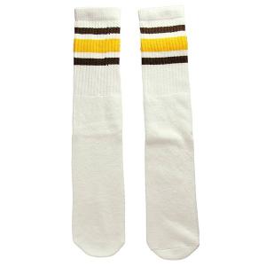 SkaterSocks ロングソックス 靴下 ソックス スケボー Knee high White tube socks with Dark Brown-Gold stripes style 3 (22インチ)｜his-hero-is-black