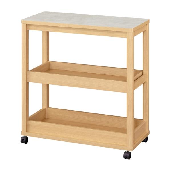 キッチンワゴン 3段 幅80cm 高さ85cm ナチュラルブラウン 石目調 メラミン天板 キャスター...
