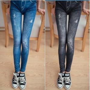 小さな 破れ(やぶれ) 模様 プリント ストレッチ 素材 デニム レギンス 美脚 効果 スリム 母の日 プレゼント UVカット 春 冷感