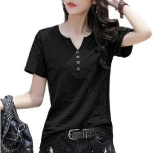 送料無料 ボタンが 可愛い シック Vネック ブラック Tシャツ カットソー チュニック 半袖/ 温...