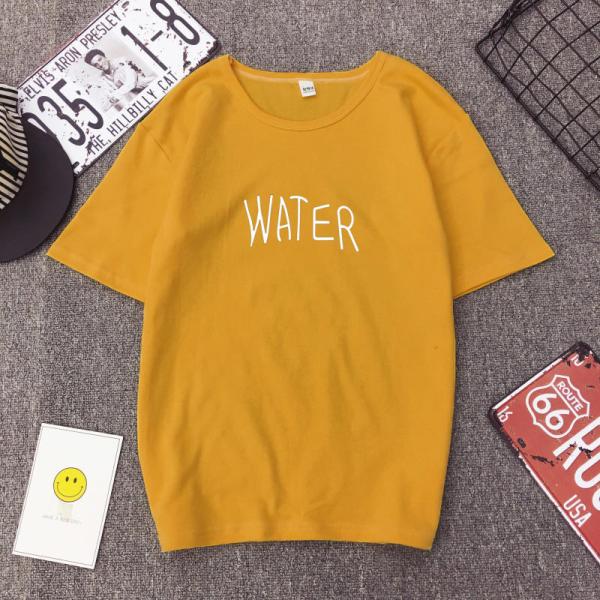 送料無料 シンプル イエロー マスタード Tシャツ カットソー 半袖 チュニック WATER と書か...