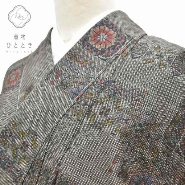 リサイクル着物 大島紬 中古 正絹 華文様 グレー系 ll0335a50