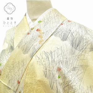 リサイクル着物 小紋 中古 正絹 綸子 植物文様 Sサイズ 黄系 ll2069b 福｜hitotoki