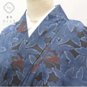 大島紬 仕立上り 黒赤 横双 華文様 バチ衿 着丈165.5cm 裄66cm 198