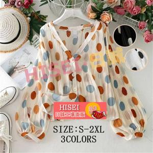 羽織り 夏 薄手 uvカット カーディガン 涼しい シャツ 透け感 Vネック バルーン袖 ボリューム袖 リブ水玉 前開き ボタン タックの商品画像