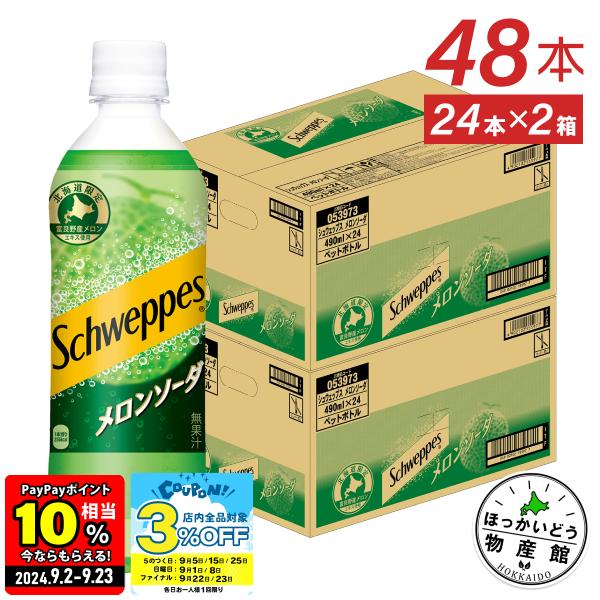 ● 炭酸 メロン ソーダ ペットボトル シュウェップス メロンソーダ 490ml 24本入 2箱 4...