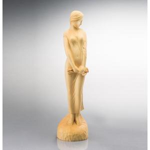 高さ23cm 本黄楊 一木彫り 彫刻 「 魅せられて 」 美人 女性像 天然木