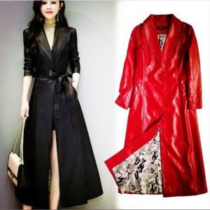 秋冬ロングコートファイクレザー ロングチェスターコート スリム 細身 通勤 仕事 アウター 防寒ファッションベルト付き レディース レザートレンチコート