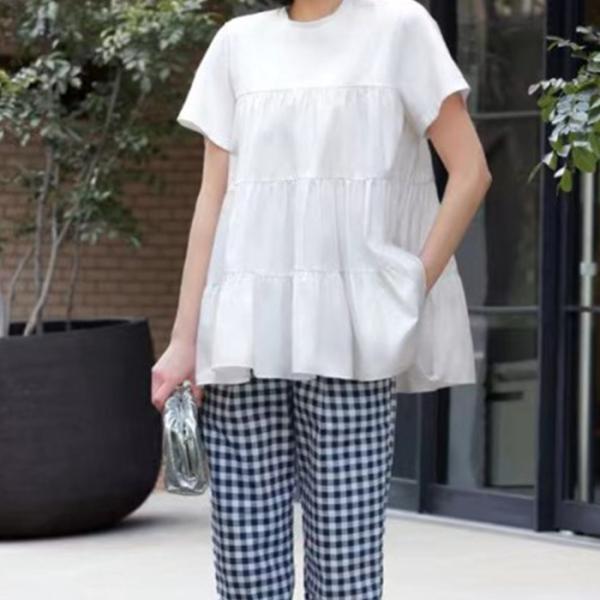 ブラウス レディース シャツ トップス 半袖 ティアードブラウス ゆったり Aライン 夏 オーバーブ...