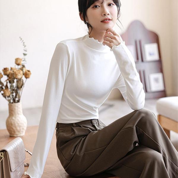 レディース トップス カットソー ハイネック フリル 長袖 インナー 秋 春 きれいめ インナー シ...