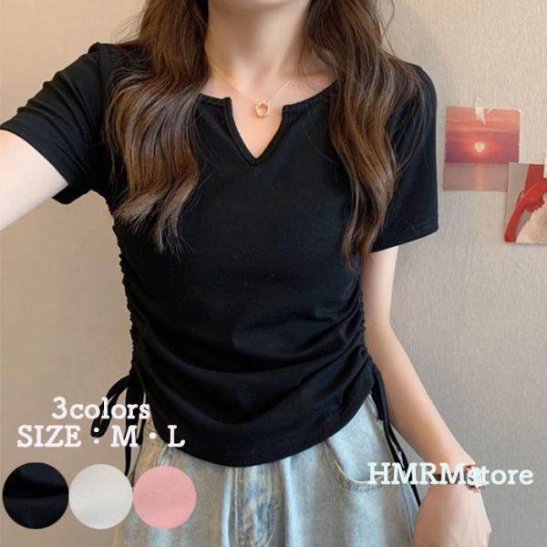 レディース Tシャツ tシャツ トップス カットソー キーネック  半袖 夏 春 シャーリング デザ...