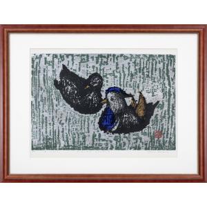 河野 薫「花（少女）」木版画□国画会会員□日本版画協会会員
