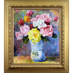 絵画 油絵 田村隆枝 肉筆油絵 静物画 バラと薔薇 F8送料無料 : アート