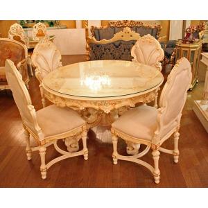 【アンティーク】ロココ調　ウォールナット　ダイニングテーブル ロココ調 ダイニングテーブル5点セット 120cm 本皮 ピンク チェア