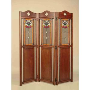 ステンドグラス 3連スクリーン オーク 衝立 茶 レトロ パーティション 502