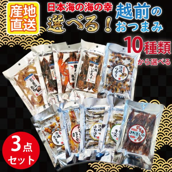 10種類から選べる 越前おつまみ 3点セット 食べ比べセット ほたるいか 甘エビ たら 焼き丸干いか...