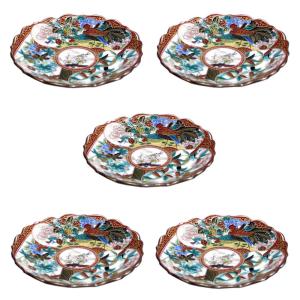 九谷焼 青郊窯4号八角皿揃（5枚セット）吉田屋風丸紋間取花鳥SK-021