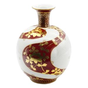 人間国宝　吉田美統　九谷焼　錦山　金襴手花唐草文　花入　花生　茶道具 九谷焼 吉田美統【人間国宝】九谷焼ぐい呑み 金襴手花唐草 赤 : 北山堂