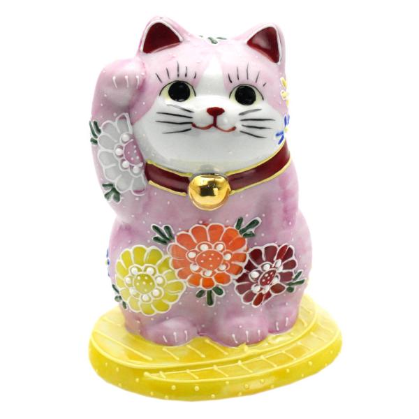 九谷焼 招き猫（右手金運招き猫）4号小判乗り花盛 ピンク