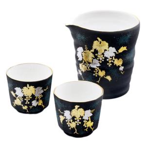 仲田錦玉 九谷焼酒器揃（片口＆盃セット）白金盛(プラチナ盛)葡萄 青粒 月に兎 10013204