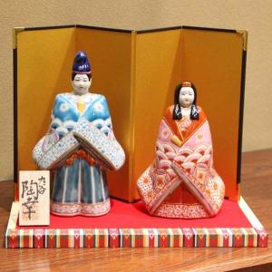 九谷焼 立雛人形 6.5号 鹿の子盛 台・敷物・屏風・木札付 7×15×25cm