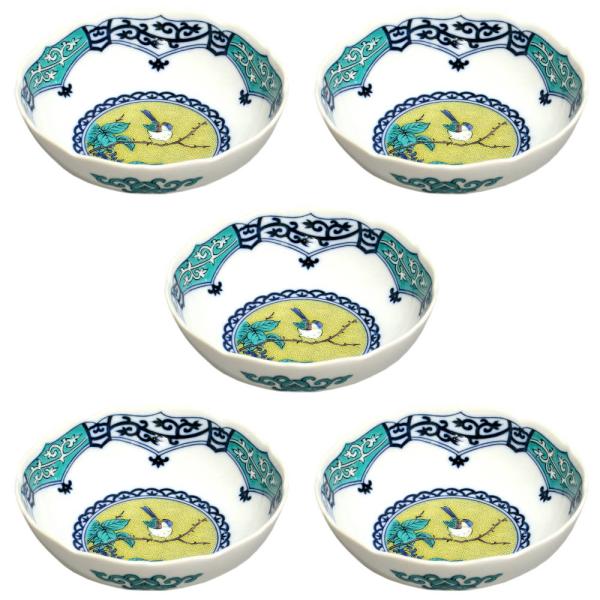 九谷焼 青風窯4.7号鉢揃（5個セット）染付間取吉田屋風花鳥SH-05