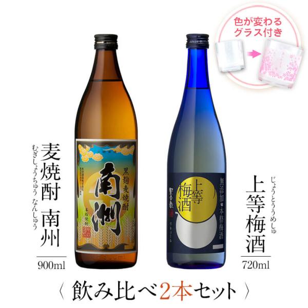 飲み比べセット ギフト グラス付き 黒麹麦焼酎 南洲 上等梅酒 2本 セット 焼酎 誕生日 プレゼン...