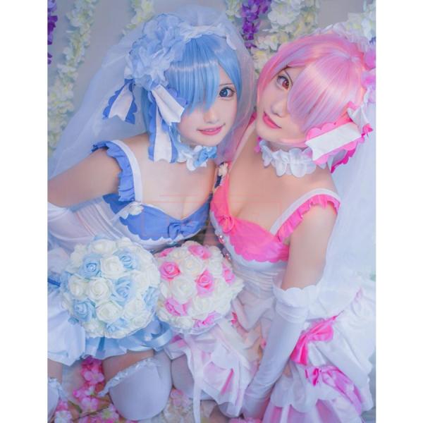 Re:ゼロから始める異世界生活 レム ラム 花嫁 ドレス コスプレ衣装 ウィッグ 靴 花束 コスチュ...