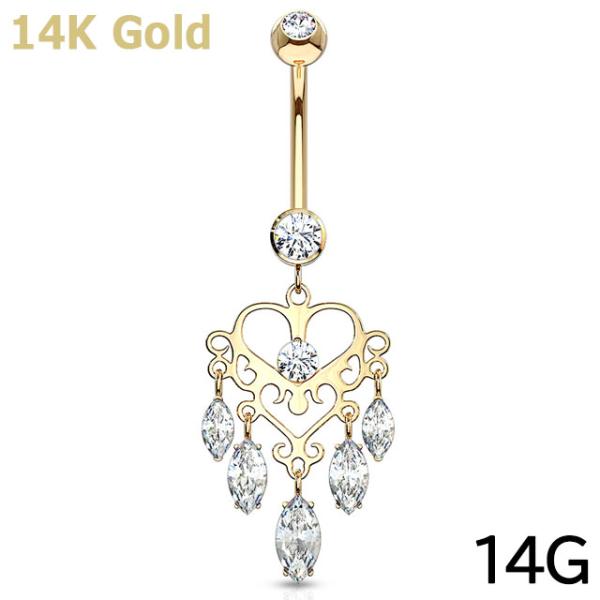へそピアス 14K 14金 14G オープンハート &amp; 5ジュエル バナナバーベル ボディピアス ボ...