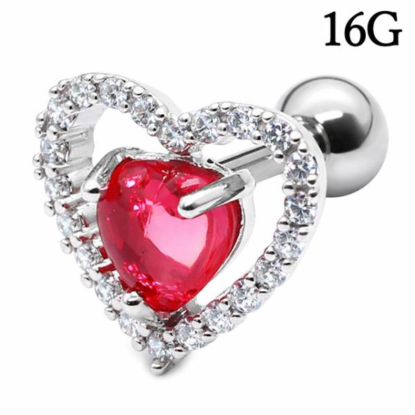 ボディピアスシャープハート ピンクジュエル ストレートバーベル 16G 軟骨ピアス 316L サージ...