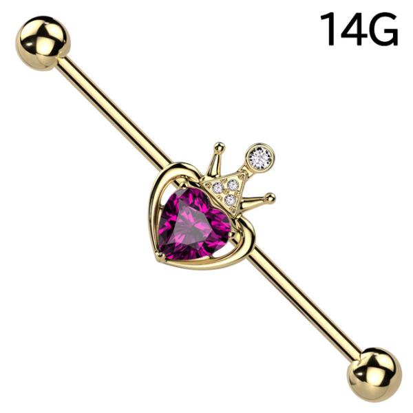 ボディピアス 14G インダストリアル ハート 王冠 ピアス ジュエル PVDコーティング ゴールド...