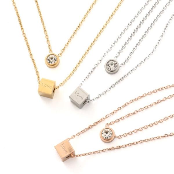 サージカルステンレス ネックレス ジュエル＆LOVEキューブ ダブルチェーン ネックレス