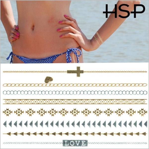 タトゥーシール ゴールド &amp; シルバー 2枚セット チェーン クロスハート 星 文字 蝶 花 龍 バ...