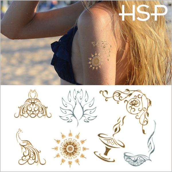 タトゥーシール ゴールド &amp; シルバー 2枚セット アラビアンピーコック 星 文字 蝶 花 龍 バタ...