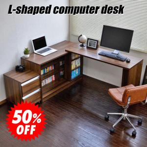 [50％OFF 決算セール]パソコンデスク l字 コーナーデスク ブラウン 最大211 デスク+書棚+チェスト リモートワーク テレワーク SAV057
