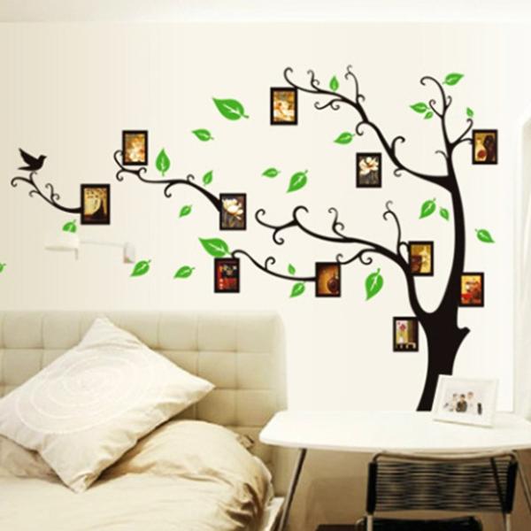 ウォールステッカー 木と鳥 写真枠 フォトフレーム 北欧 グリーン リーフ シール 壁紙 かわいい ...