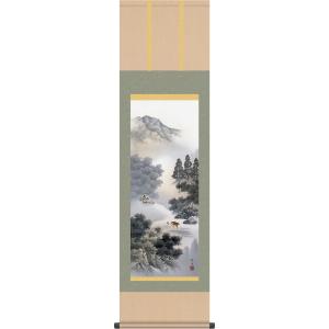 掛け軸 水墨山水画 掛軸-閑雅悠景/長江桂舟(尺三)床の間 和室 御洒落 モダン 飾り 表装 日本製 インテリア｜honakote