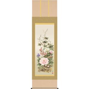 日野芳春　鎮宅守護四季花　掛軸　絹本 掛軸 掛け軸-四季花/根本葉舟 花鳥掛軸送料無料(尺三 化粧箱 本