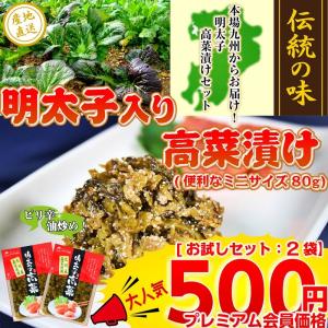 ポイント消化　九州辛子高菜　博多明太子入り　ピリ辛高菜漬　80g×2袋セット　会員価格500円ポッキリ　高菜炒飯　豚骨ラーメン　お試しグルメギフト｜honba-kyusyu