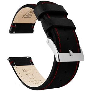 BARTON WATCH BANDS ブラックレッド ステッチ クイック リリース トップ グレイン レザー時計バンド ストラップ 23mm ブラック