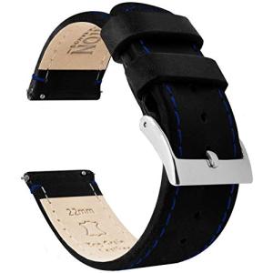 BARTON WATCH BANDS ブラックブルーステッチ クイックリリース トップグレインレザー 腕時計バンド ストラップ 19mm ブラックレザ
