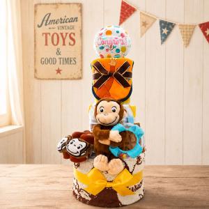 おむつケーキ おさるのジョージ 出産祝い 3段 紙おむつ タオル スタイ 新生児 靴下 おもちゃ付き