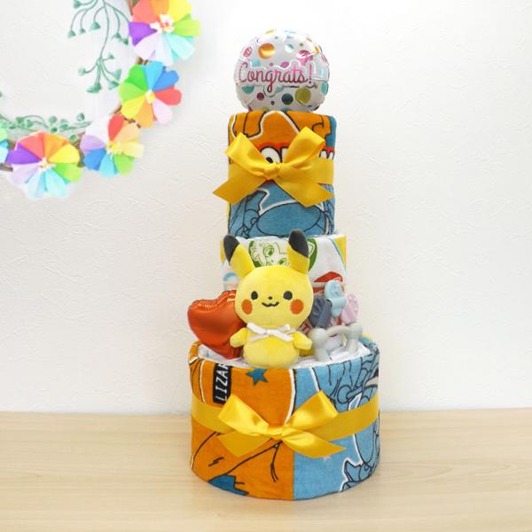 おむつケーキ ピカチュウ タオルセット＆ベビーアイテム付き イエロー 3段