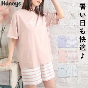 ルームウェア パジャマ 部屋着 半袖 Tシャツ ショートパンツ ロゴ 楽ちん レディース 夏 Honeys ハニーズ ルームウェア（上下セット）｜ハニーズ Yahoo!店